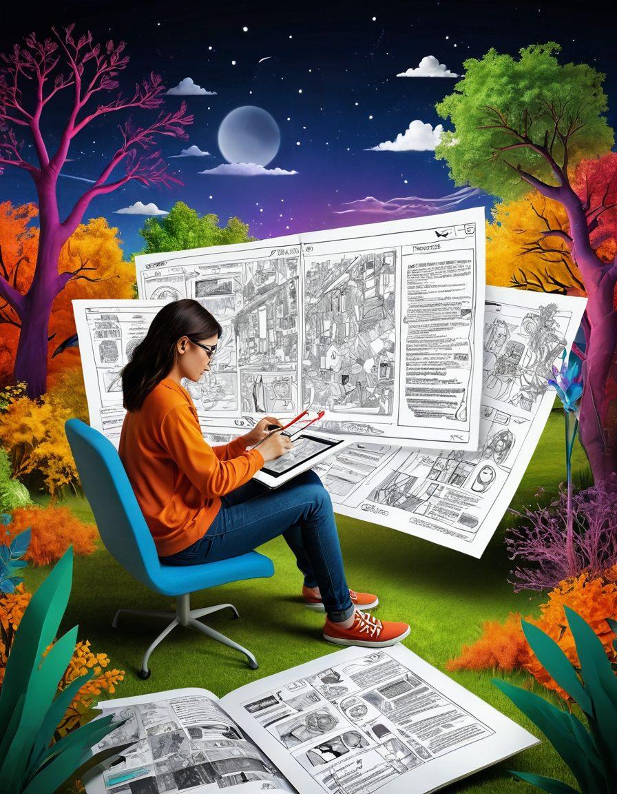 An imaginative illustration showcasing the journey of digital storytelling: a vibrant, multi-layered scene depicting a person sketching ideas, transitioning through various digital tools like a tablet, storyboard, and editing software, culminating in a captivating animated scene. Include elements of creativity, technology, and engagement, with a backdrop of a digital landscape filled with storytelling elements like characters, scripts, and vibrant colors. super-realistic. vibrant colors. 3D.