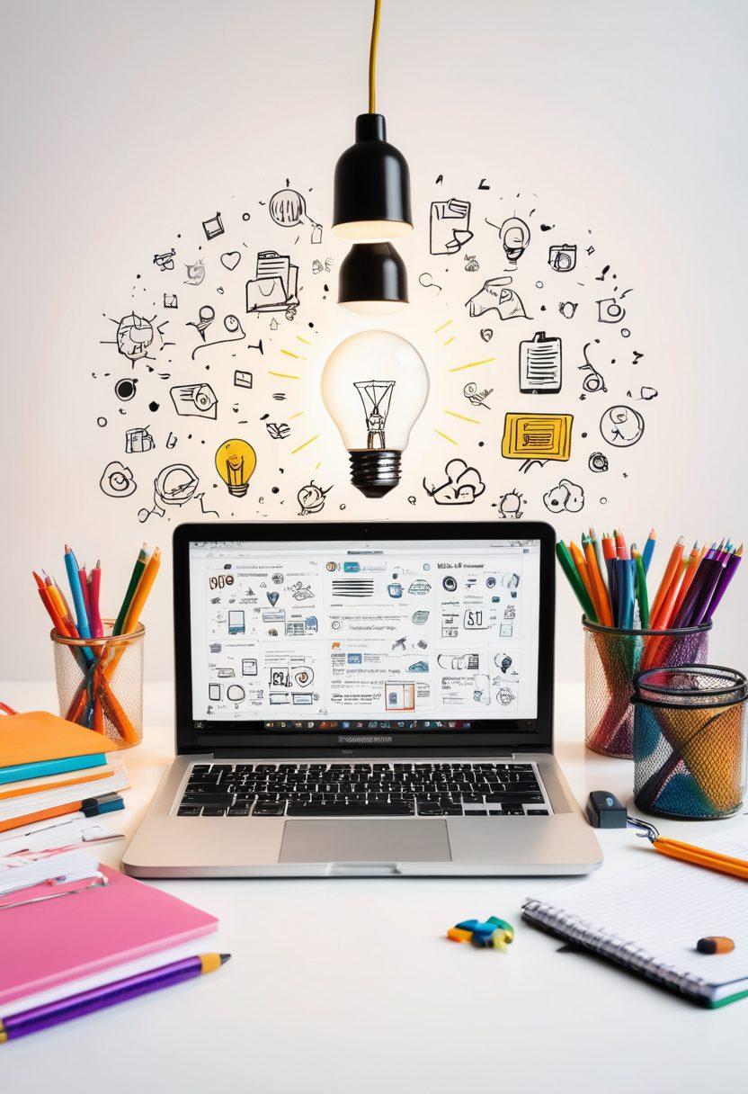 A vibrant workspace filled with creative tools like notebooks, colorful pens, and a laptop displaying a blogging platform. A light bulb symbolizes ideas floating above, while digital storytelling elements like icons of social media and articles are scattered around. The scene radiates inspiration and energy, inviting viewers to explore the world of blogging. super-realistic. vibrant colors. white background.