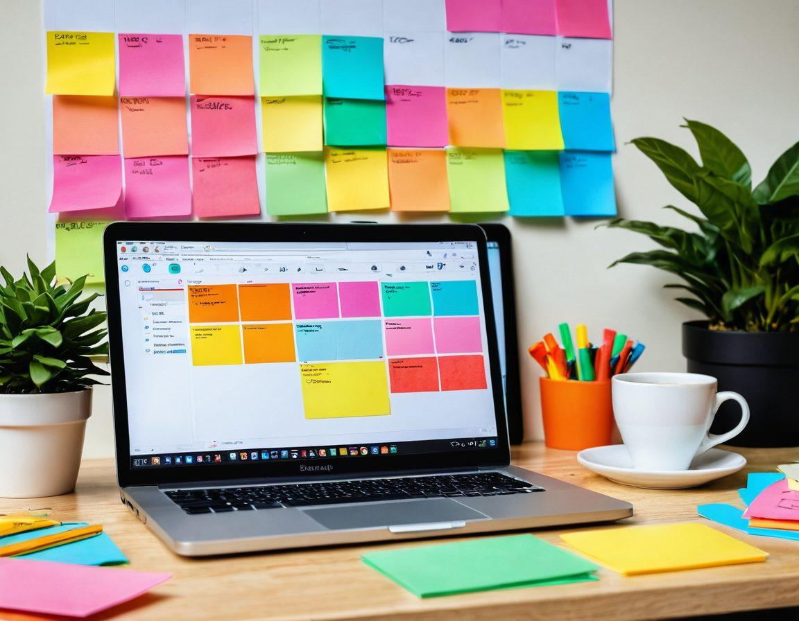 A visually captivating workspace featuring a laptop with an open blog management dashboard, surrounded by colorful sticky notes with tips and strategies. A cup of coffee sits next to the laptop, while a plant adds a touch of freshness. The background is vibrant and inviting, encouraging creativity and engagement. super-realistic. vibrant colors. warm lighting.